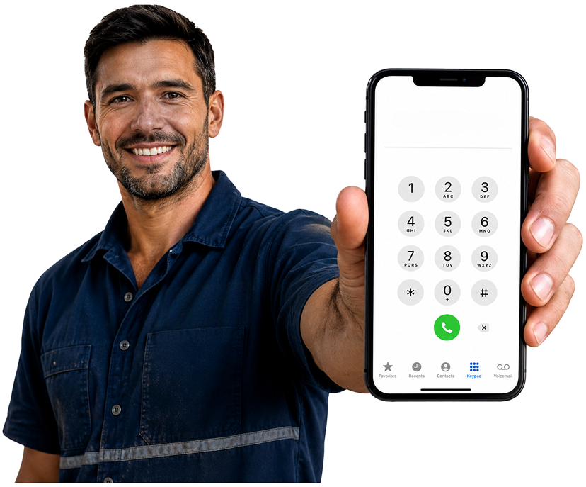 Rookwood Blocked Drains plumber holding a phone — call 1300 261 965