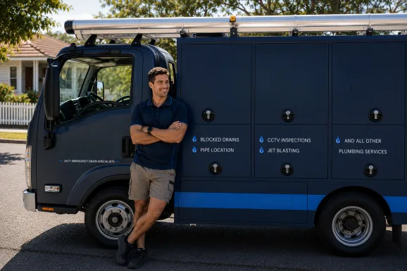 Plumber standing beside a service van in Rookwood