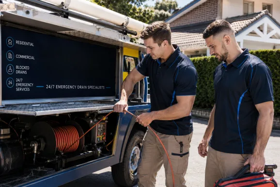 Two plumbers working on a blocked drain in Rookwood