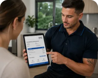 Plumber showing a Rookwood customer the quote on a tablet